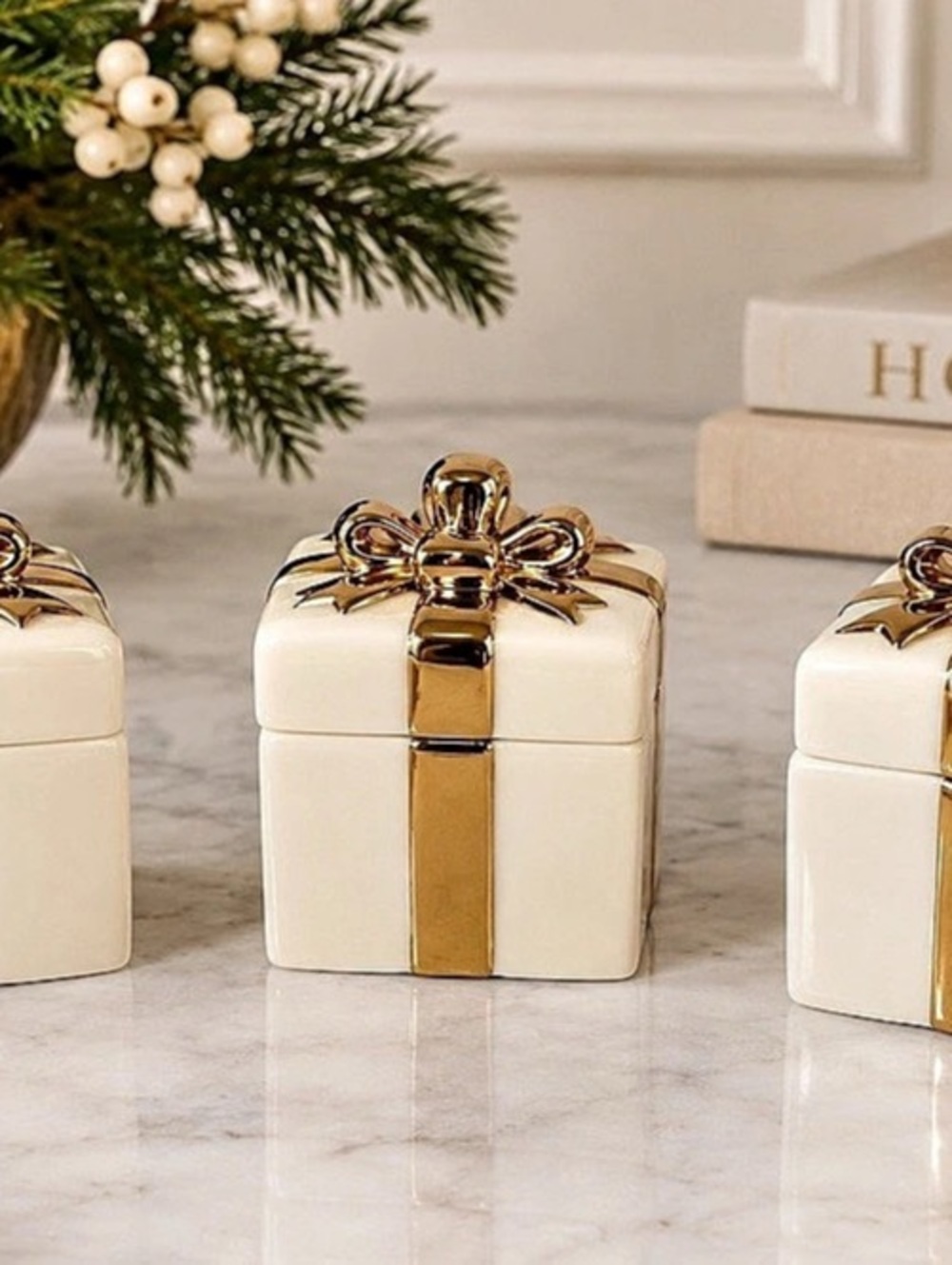Lenox Set of 3 Ivory Gold Gift Present Trinket Boxes Keepsake Ring Bow Porcelain